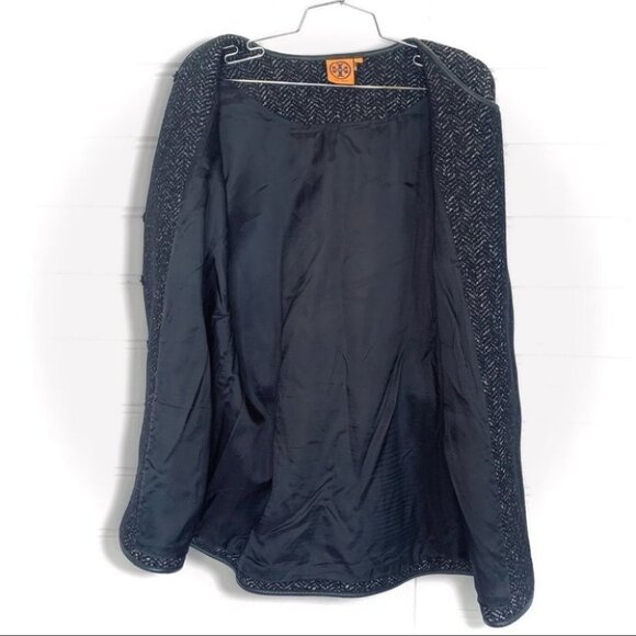 TORY BURCH BLACK WHITE WOOL LEATHER SLEEVELESS LIGHT BELTED  BELT JACKET - Picture 4 of 15